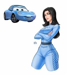 a cartoon character is standing next to a blue car and another character has their arms crossed