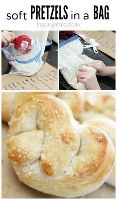 there are pictures of different types of breads and pastries on the table, including pretzels