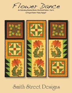 the book cover for flower dance, with three quilts on each panel and an image of