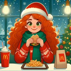 a girl in a santa hat is eating food at a table with mcdonald's