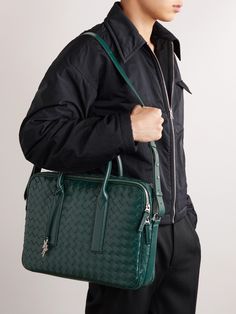 Bottega Veneta’s intrecciato is a weaving technique that represents the house’s commitment to high-quality craftmanship. Made in Italy from emerald leather, this slim briefcase has two separate compartments to easily organise all of your workday essentials. It's finished with a lanyard featuring a signature silver-tone knot detail. Leather Briefcase Men, New Bottega, Latest Bags, Bottega Veneta Intrecciato, Briefcase For Men, Leather Briefcase, Work Bag, Green Man, Leather Pouch