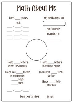 the worksheet for math about me is shown in black and white, with an oval