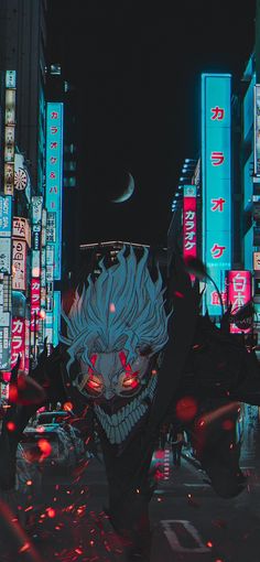 an image of a man in the middle of a city at night with neon lights