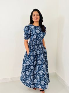 Hand Block Printed Dress, Block Print Dress, Indian Tunics, Hand Printed Dress, Indian Cotton Long Gown, Indian Cotton Dress, Printed Dress Approx Measurements (inches) XS - Bust- 34 , Sleeve Length- 14 , Length-53 S - Bust- 36, Sleeve Length- 14 , Length-53 M - Bust- 38 , Sleeve Length- 12, Length-53 L - Bust- 40, Sleeve Length- 12 , Length-53 XL - Bust- 42, Sleeve Length- 12, Length-53 you can request customization according to you size Women's Designer Indian Ethnic Wear Cotton Hand Block Print Dress you can also wear as One Piece Perfect summer dress for any occasion, ideal with flip flops for the beach club, perfect for simply lounging, morning ventures to the market, and easily dressed up with pretty flats and accessories for evening. I have made this beautiful dress in Indian hand b Blue Floral Dress With Short Sleeves, Cotton Short Sleeve Dress For Casual Wear, Casual Floral Short Sleeve Dress, Blue Short Sleeve Floral Dress, Fitted Short Sleeve Dress With Pockets, Cotton Short Sleeve Maxi Dress For Spring, Blue Floral Print Maxi Dress With Short Sleeves, Cotton Half Sleeve Dress With Pockets, Cotton Midi Dress With Pockets And Short Sleeves