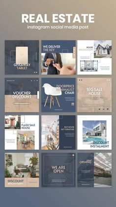 a collage of real estate instagrams and social media post templates with photos