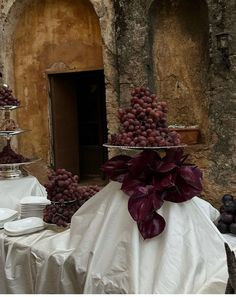 a table topped with plates and bowls filled with grapes next to a stone wall covered in vines