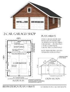 the two car garage shop plan is shown with measurements for each floor and one bedroom