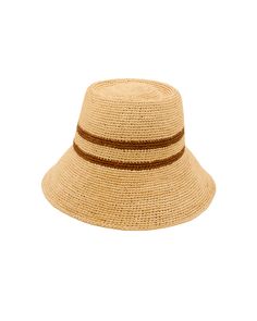 100% raffia straw Crocheted short-brim bucket hat Double chestnut stripes Packable design UPF 20+ Handwoven in Madagascar Blot stains with a clean, damp cloth Crochet Short, Janessa Leone, Penny Lane, Record Store, Hello Summer, Cropped Trousers, Denim Coat, Romper Pants, Ulla Johnson