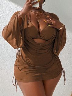 Plus Size Separable 4-Piece Swimsuit Coffee Brown Elegant   Polyester,Knitted Fabric Plain  Medium Stretch  Women Plus Clothing, size features are:Bust: ,Length: ,Sleeve Length: Beach Wear For Women, Swim Dresses, Beachwear Fashion, Swimsuits For All, Coffee Brown, Dope Outfits, Swimwear Outfit, Plus Size Swimwear, Fashion Online Shop