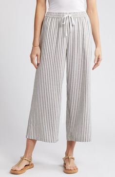 Caslon® Stripe Drawstring Wide Leg Linen Blend Pants | Nordstrom Ankle-length Pants With Vertical Stripes For Summer, Vertical Stripes Ankle-length Summer Bottoms, Summer Ankle-length Pants With Vertical Stripes, Summer Vertical Stripe Ankle-length Bottoms, Relaxed Fit Striped Wide Leg Pants For Spring, Casual Wide Leg Ankle-length Striped Pants, Wide Leg Ankle-length Pants With Vertical Stripes For Spring, Spring Striped Ankle-length Wide Leg Pants, Spring Wide Leg Pants With Vertical Stripes, Ankle-length