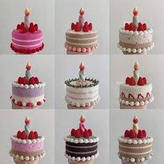 many different types of cakes with candles on them and decorations around the top one cake has been made out of crocheted yarn