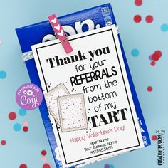 a thank you card for referrals from the bottom of my tart on a blue background with confetti