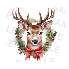 a watercolor painting of a deer with holly wreaths and antlers on it's head