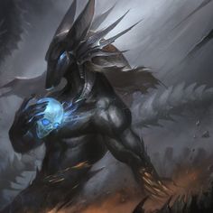 a black dragon with blue eyes and wings on it's back, standing in front of