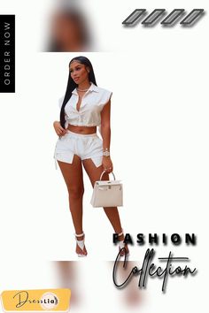 Sleeveless Turn Down Collar Crop Top and Shorts Outfits White Sleeveless Summer Set, Sleeveless Summer Sets For Day Out, Chic Sleeveless Vacation Sets, Trendy Sleeveless Vacation Sets, Trendy Sleeveless Beach Sets, White Sleeveless Sets For Beach Season, Collar Crop Top, Shorts Outfits, Crop Top And Shorts