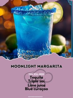 🌙 Sip into the night with Moonlight Margarita! 🌙🍹 #MoonlightMargarita #Nightlife Moonlight Margarita Ingredients: Tequila (1 oz) Triple sec (1/2 oz) Lime juice (1/2 oz) Blue curaçao (1/2 oz) Salt (for rim) Lime wheel (for garnish) Instructions: Rim the glass with salt. Shake tequila, triple sec, lime juice, and blue curaçao with ice. Strain into the glass and garnish with a lime wheel. Embrace the night! 🌙🍸✨ #MargaritaNight #CocktailVibes #RecipeInspire Blue Margarita Recipe, Witch Cocktail, Shots Alcohol Recipes, Margarita Ingredients, Slushie Recipe