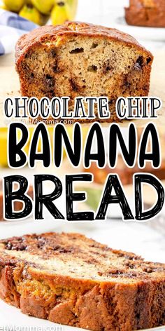 chocolate chip banana bread on a white plate with the title above it and in the background