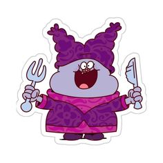 an image of a cartoon character holding two forks and a knife in one hand while wearing a purple outfit