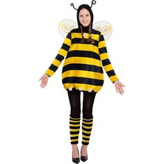 a woman in a bee costume is standing with her arms out and legs spread wide