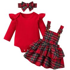 PRICES MAY VARY. Material: Cotton Blend, Ribbed Knitted Fabric, Soft, Warm and Comfortable Relax Crew Neck, Fashion Ruffle Long Sleeves,Comfy Basic Plain Cotton Romper Bodysuit Shirt Tops; Metal Buttons with Adjustable Strap,Classic Plaid Overall Dress Ruffle Double Layered Skirt, Newborn Baby Girls Cute Fall Winter Long Sleeve Rompers and Skirt Dress Christmas Clothes Outfits with Headband 3 Piece Sets 2 Colors: Green Plaid, Red Plaid; Season: Fall, Winter, Spring Size: 0-3 Months, 3-6 Months, Overall Skirt Outfit, Plaid Overall Dress, Overall Skirt, Girls Christmas Outfits, Rock Outfit