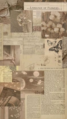 a collage of images with words and pictures on them, including flowers in the background