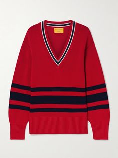 EXCLUSIVE AT NET-A-PORTER. Guest In Residence's sweater is a classic style you'll wear for years and eventually hand down through the generations. It's knitted from soft cotton and has stripes along the V-neck and across the center of the relaxed shape. Wear yours with everything from tailoring to denim. Classic Red Sweater With Ribbed Collar, Collegiate Red Sweater For Fall, Men Drip, Winter 2024 Fashion Trends, Winter 2024 Fashion, Guest In Residence, 2024 Fashion Trends, Flat Dress Shoes, To Autumn