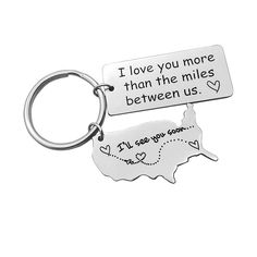 i love you more than the miles between us keychain with map and heart