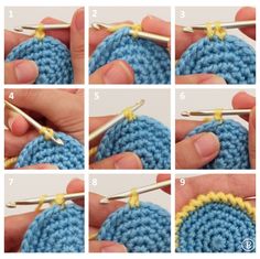 the steps to crochet an afghan in blue yarn with yellow stitchs and two knitting needles