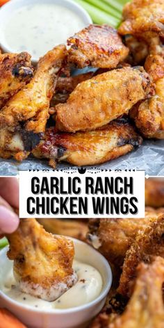 garlic ranch chicken wings with ranch dip in the middle