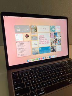 my cute macbook! || macbook desktop, macbook inspo, macbook pro desktop, macbook pro wallpaper, aesthetic, pink, cute Laptop Ios Aesthetic, Unique Macbook Wallpaper, Cute Macbook Home Screen, Macbook School Wallpaper, Mac Screen Aesthetic, Cute Backgrounds Macbook, Aesthic Macbook Backgrounds, Mac Book Widget Background, College Macbook Organization