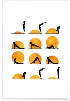 the silhouettes of people doing yoga poses in front of an orange sun with their hands together