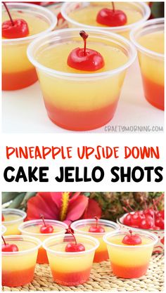 pineapple upside down cake jello shots with cherries in the top and bottom