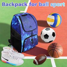 Youth Basketball Backpack Description Product Dimensions: 12 x 9.5 x 18.5 inches； Item Weight: 1.46 pounds； Material: made of high-density polyester material； Ball compartment can hold any ball inside such as basketball up to size 7, full-size soccer, volleyball, football and more; Feature: Durable & Lightweight: The basketball backpack is lightweight yet rugged enough due to the made of high-density polyester material. It's water resistant, dirt and dust. This basketball bag's weight is 0.66kg Basketball Backpack, Soccer Bag, Basketball Bag, Youth Basketball, Athletic Training, Basketball Shoes, Volleyball, Inside Pocket, Water Resistant