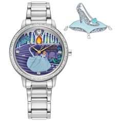 The perfect accessory to match an elegant pair of glass slippers is the Disney Princess Cinderella Box Set from Citizen, complete with a dreamy timepiece and special collectible pin. The silver-tone stainless steel case and bracelet frame the colorful dial, which displays an illustration of Cinderella losing her famed glass slipper on the palace steps as she leaves the ball. As soon as the clock strikes midnight, Cinderella rushes home, a crucial element of her story that is depicted using a clo Midnight Cinderella, Eco Drive Watches, Disney Princess Cinderella, Glass Slippers, Bracelet Box, Crystal Watches, Princess Cinderella, Princess Collection, Free Bracelet