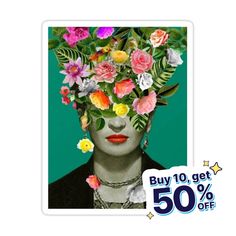 a woman with flowers on her head and the words buy 10 get 50 % off