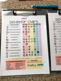 two clipboards with different types of behavior chart on them