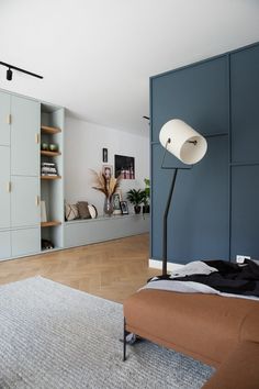 a living room with blue walls and wooden flooring, an area rug on the floor