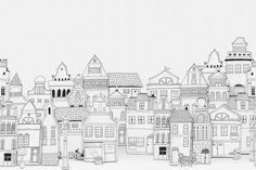 a black and white drawing of many houses