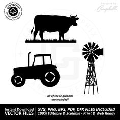 an image of farm animals and tractor silhouettes