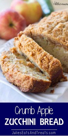 crumb apple zucchini bread on a white plate with apples in the background