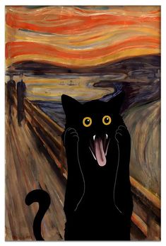 a black cat with it's mouth wide open in front of the scream painting