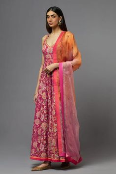 Fuchsia silk anarkali with floral and thread embroidery. Comes with a dupatta. - Aza Fashions Pink Silk Anarkali Churidar, Pink Silk Anarkali Set For Navratri, Pink Art Silk Churidar With Sheer Dupatta, Pink Silk Anarkali Set For Diwali, Pink Anarkali Churidar In Art Silk, Pink Silk Anarkali Set With Dupatta, Designer Silk Anarkali Set In Pink, Designer Silk Pink Anarkali Set, Pink Silk Anarkali Set For Designer Wear