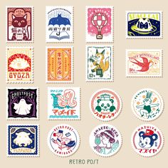 a bunch of stamps with different designs on them, all in different colors and sizes