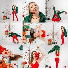 a collage of photos with a woman in red and green clothing holding presents, christmas tree