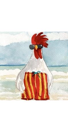 a painting of a rooster standing on top of a red and yellow striped towel at the beach