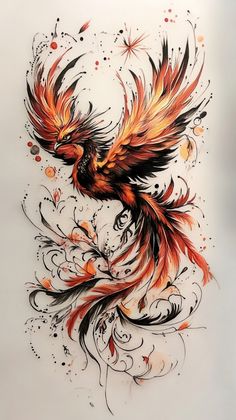 a drawing of a bird with orange and black feathers on it's back side