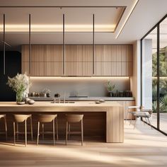 a modern kitchen with wooden cabinets and counter tops, along with bar stools in front of the island