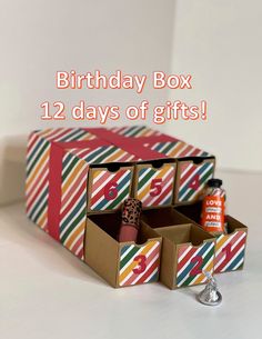 a birthday box with 12 days of gifts in it and the words, happy birthday