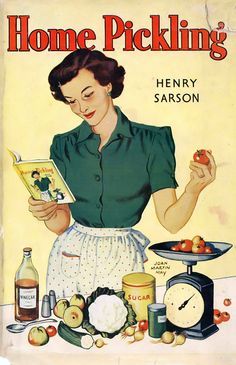 an advertisement for home picking with a woman holding apples and looking at a recipe book