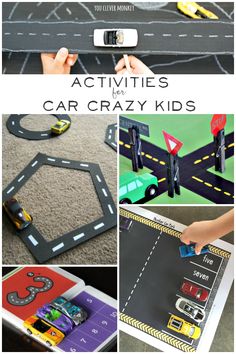 pictures of cars and roads with the words activities for car crazy kids on them,